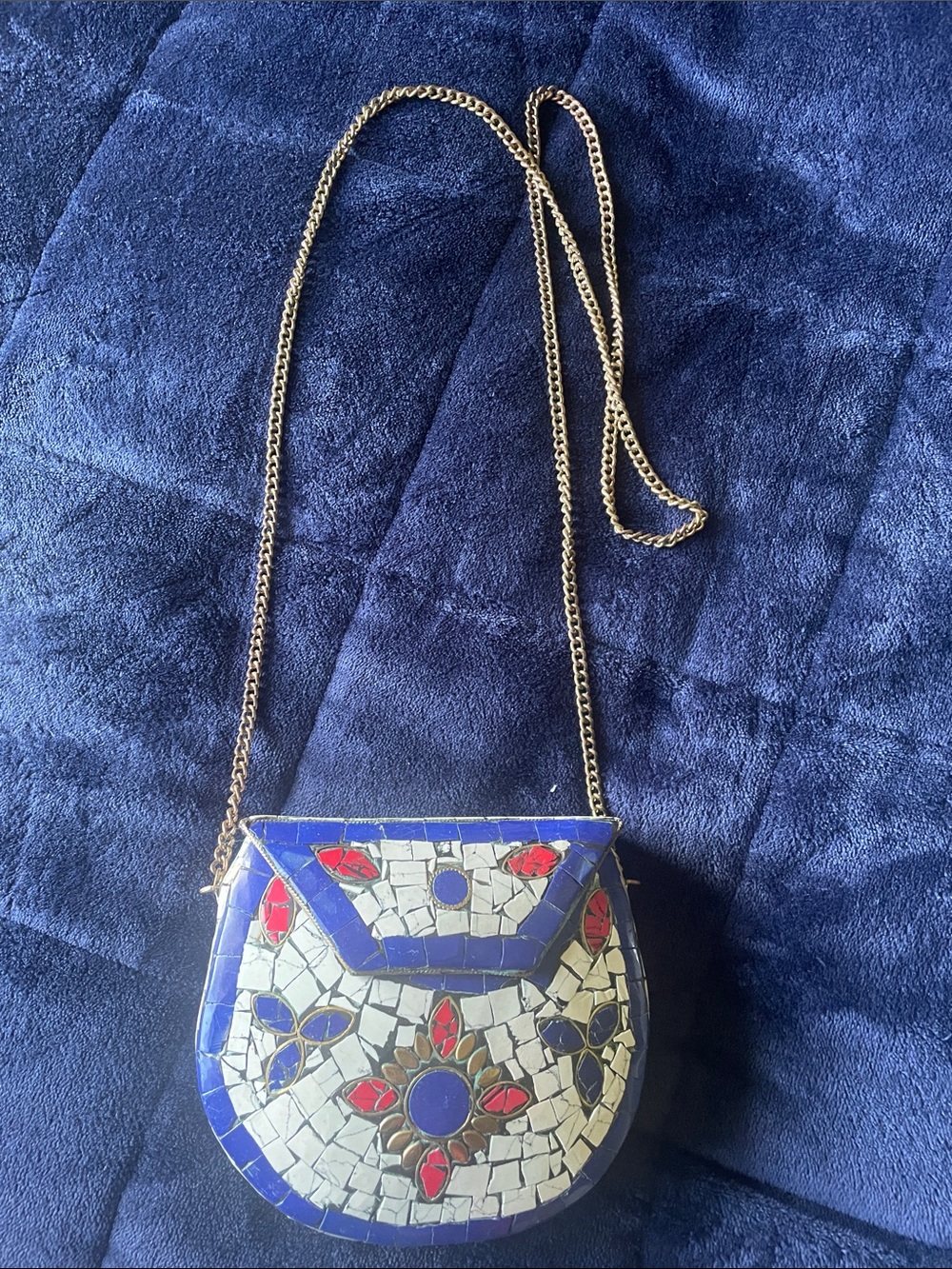 Blue Mosaic Crossbody Bag with Gold Chain